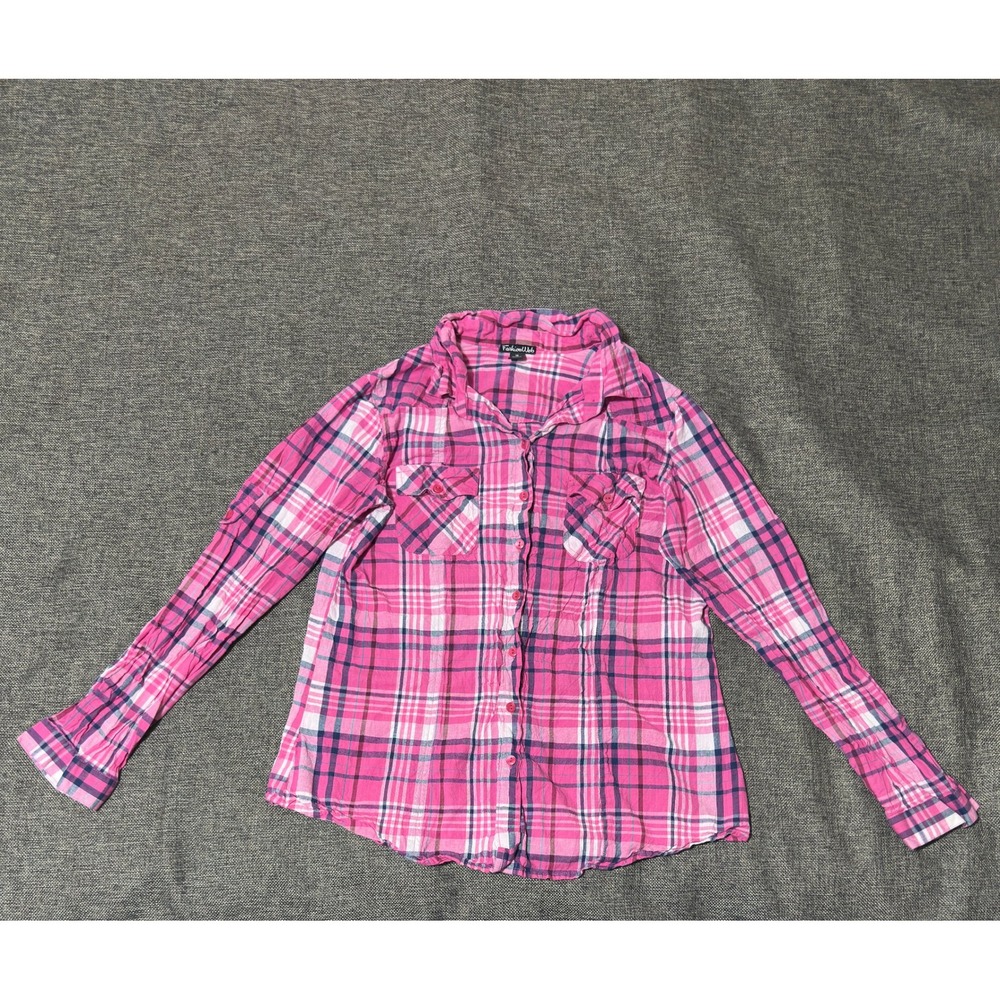 FashionWeb Women's 1X Button‎ Up Shirt Pink Plaid Cotton Long Sleeve